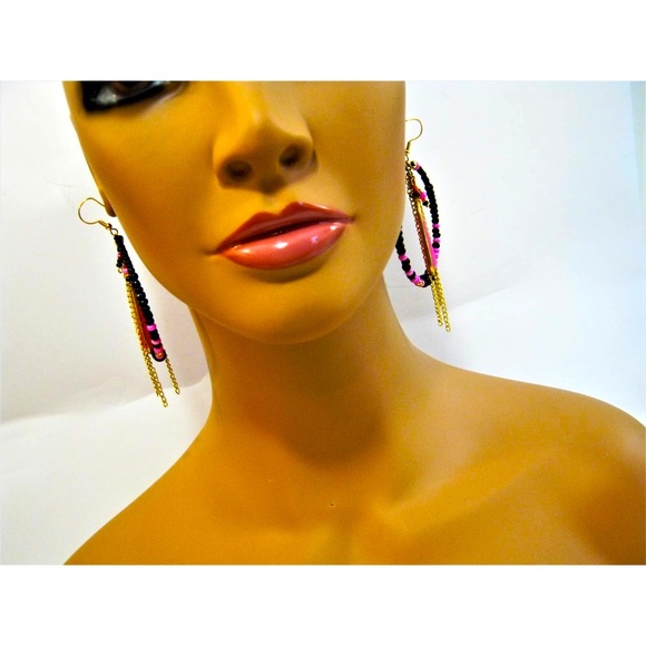 Large Boho Hippie style Pink Black Vintage accent Mega Hoop Earrings 2.5 inch - Picture 3 of 8